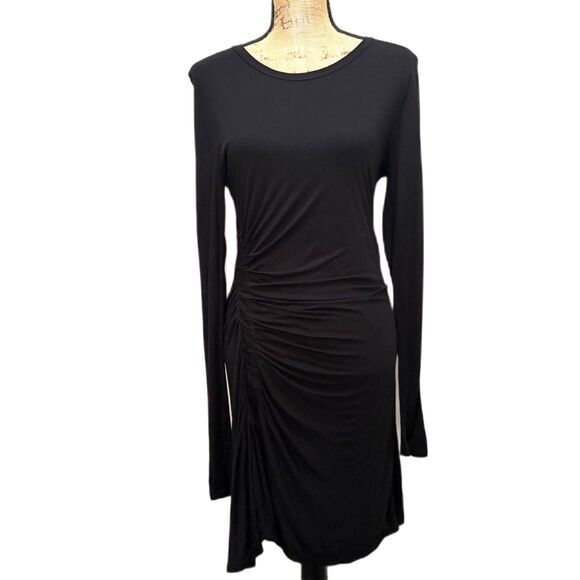 ALC Long Sleeve Ruched Solid Black Mini Dress Classic Cocktail LBD Size Large - Picture 2 of 7